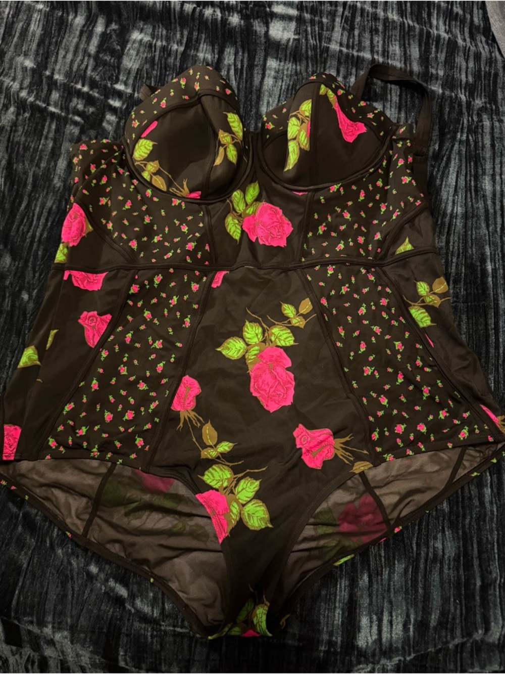 torrid Betsy Johnson Black One-Piece Swimsuit with Neon Pink Rose Print